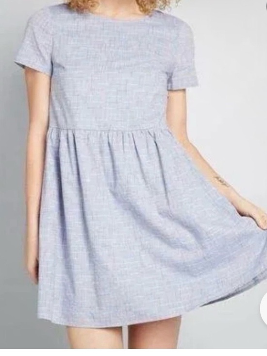Modcloth Dresses & Skirts - Modcloth Chambray Rainbow Stitched Dress Pockets Short Sleeve Cotton Size S